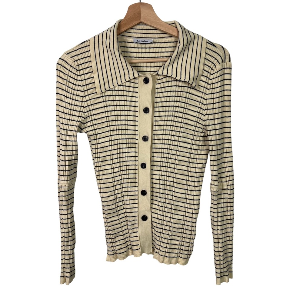 Lattelier Striped‎ Rib Knit Collared Button Up Cardigan Sweater Top Women Size S